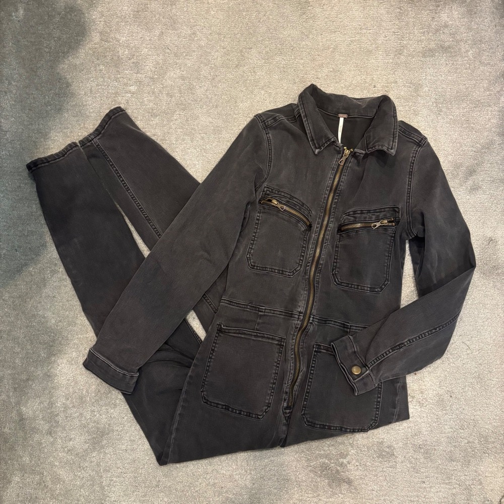 Free People Lennox Denim Coverall Jumpsuit Faded Black Size Large